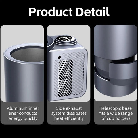 2 In 1 Smart Car Cup Warmer And Portable Cooler 12V Universal Heated Drink Holder With Digital Temp Display, aluminum inner liner and exhaust system details.
