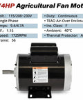 0.75 HP Farm Duty Electric Motor 1725 RPM Dual Voltage 115 230V 56 Frame for Poultry House and Greenhouse Ventilation