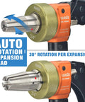 Pro PEX Expansion Tool Kit With Auto Rotation Expander Heads close-up showcasing 3/4 inch head and features
