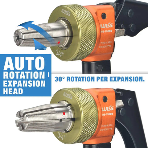 Pro PEX Expansion Tool Kit With Auto Rotation Expander Heads close-up showcasing 3/4 inch head and features