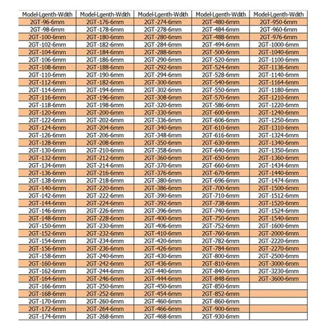 Rock Solid 2Gt Timing Belt Ten Millimeter Wide Super Durable Elastic Drive Strap size chart with various lengths and widths
