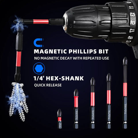 Three Piece M35 Step Drill Bits Set With Five Magnetic Phillips Screwdriver Bits HSS Titanium Coated displayed with drill handle