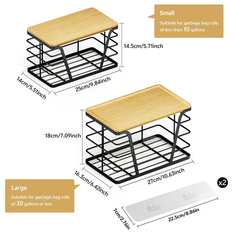 Two Pack Stackable Trash Bag Holder And Dispenser With Bamboo Top For Laundry And Kitchen Storage No Drill Wall Mount Organizer Great For Small Spaces And Busy Kitchens Keeps Bag Rolls Ready, showing small and large holders with dimensions and adhesive mount.