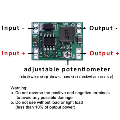 Six Channel Buck Converter MP1584EN DC-DC Step Down Regulator Module with labeled input-output and potentiometer