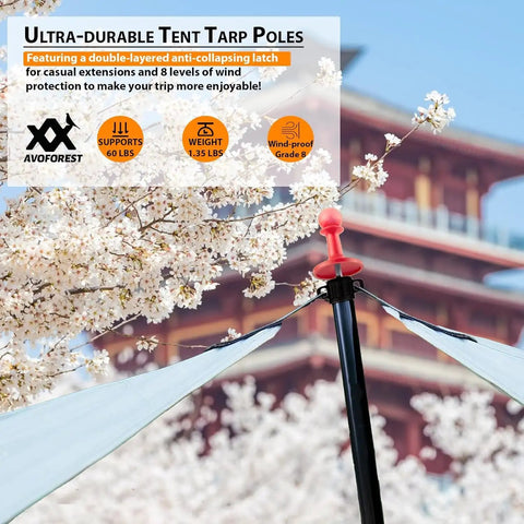 Beefed Up Heavy Duty Adjustable Tarp Poles 8.7Ft in use with red cap against cherry blossoms and traditional building