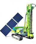 Beefy Hydraulic Guardrail Post Driver Machine For Steel Post Installations Crawler Mounted Pile Driver displayed with solar panels.