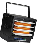 Top Shelf 7500 Watt Hardwired Garage Heater With Smart Remote and Smooth Vertical Horizontal Airflow Matte Black Finish showing digital display and heating elements.