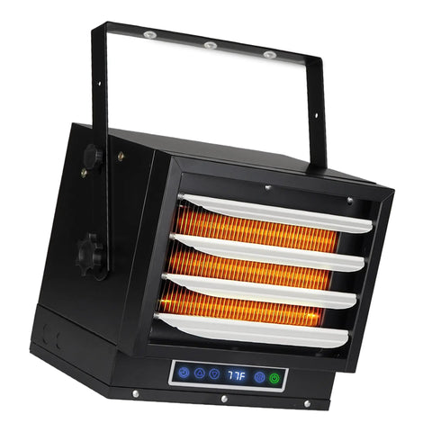 Top Shelf 7500 Watt Hardwired Garage Heater With Smart Remote and Smooth Vertical Horizontal Airflow Matte Black Finish showing digital display and heating elements.