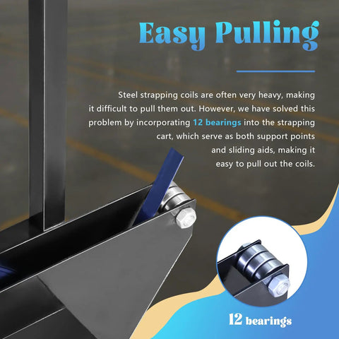 Heavy Duty Strapping Cart And Dispenser For Steel Strapping Coils With 9.5 Inch Core Size Built Tough Portable Mobile Workstation With Integrated Tool Tray And Seal Storage showing 12 bearings