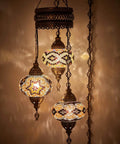 Plug In Turkish Hanging Lamp With Handmade Moroccan Mosaic Chandelier Pendant Light 15 Ft Cord and Chain Three Large 7 Inch Globes