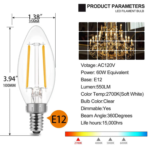 60 Watt Equivalent LED Candelabra Bulbs Dimmable Soft White 2700K 550LM B11 E12 Filament Style with specifications