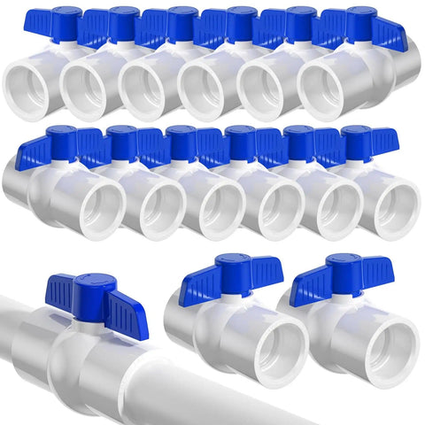 Three Quarter Inch PVC Ball Valve With Slip Connection SCH40 Easy Turn Blue T Handle, ideal for water lines and outdoor irrigation systems.