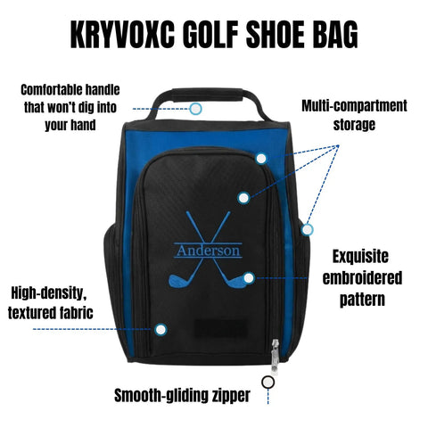 Custom Embroidered Golf Shoe Bag For Men With Monogram showing top strap, side pockets, durable polyester, zippered design