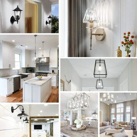 Collage of various lighting fixtures in home interiors featuring ceiling and wall lights in residential settings.