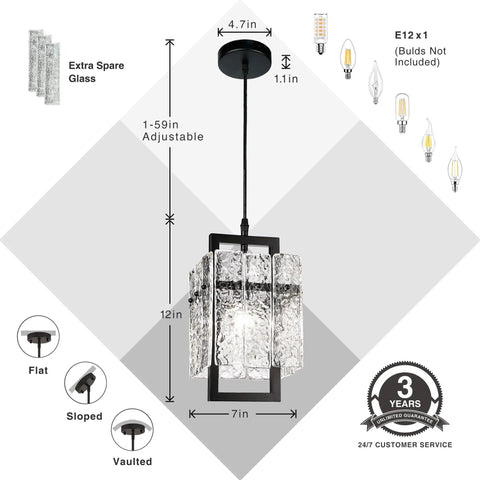 Dope Black Crystal Pendant Light For Kitchen Island With Handcrafted Water Ripple Glass Chandelier, Modern Elegant Adjustable Pendant Lighting For Dining Room And Bedroom, E12 Bulb Base, L6.5in x H11.8in
