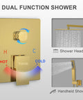Brushed Gold 10 Inch Shower System With Rain Shower Head And Handheld Spray Wall Mounted High Pressure Mixer Rough In Valve Body And Trim