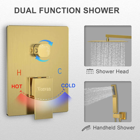 Brushed Gold 10 Inch Shower System With Rain Shower Head And Handheld Spray Wall Mounted High Pressure Mixer Rough In Valve Body And Trim