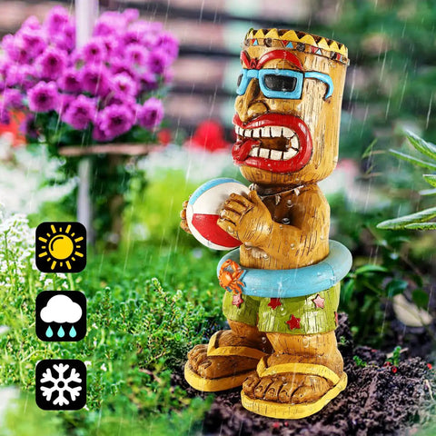 16.7 Inch Tiki Garden Statue With Solar Powered Lantern Lights, Large Hawaiian Tiki Man Figurine for Outdoor Patio Yard Bar Beach Pool Pond, Auto On Off Glow for Nighttime Ambiance and Holiday Gift Idea