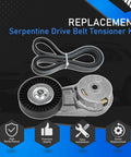 Serpentine Drive Belt Tensioner Kit Replacement For GM Vehicles Including Chevy Cobalt Equinox Orlando HHR Classic Pontiac Saturn Ion Buick Saab GMC Terrain Replaces 5PK1030 24430296 38177 12634319, shown with belt and pulleys on black and blue background