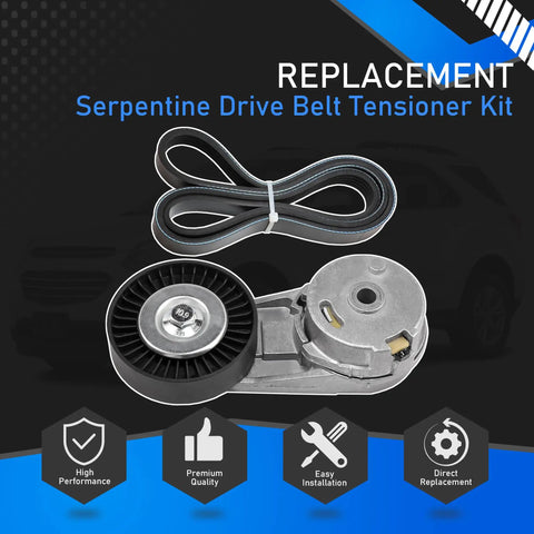Serpentine Drive Belt Tensioner Kit Replacement For GM Vehicles Including Chevy Cobalt Equinox Orlando HHR Classic Pontiac Saturn Ion Buick Saab GMC Terrain Replaces 5PK1030 24430296 38177 12634319, shown with belt and pulleys on black and blue background