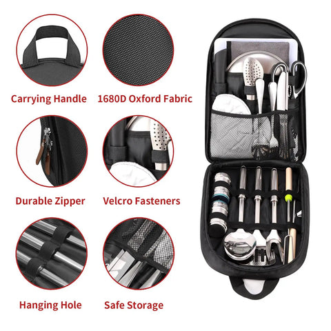 Ultimate Camping Cooking Utensils Set For Outdoors with compact bag showing tools and secure storage.