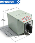 Rugged Heavy Duty 63A Rotary Changeover Switch With Exterior Box For Solar And Grid Power Switching, dimensions shown