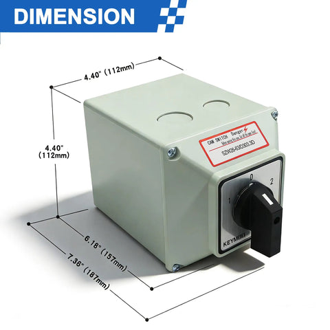 Rugged Heavy Duty 63A Rotary Changeover Switch With Exterior Box For Solar And Grid Power Switching, dimensions shown
