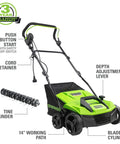 13 Amp 14 Inch Corded Dethatcher And Scarifier For Lawn Care 3200 RPM No Load Speed 2 In 1 Design with push button start