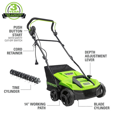 13 Amp 14 Inch Corded Dethatcher And Scarifier For Lawn Care 3200 RPM No Load Speed 2 In 1 Design with push button start