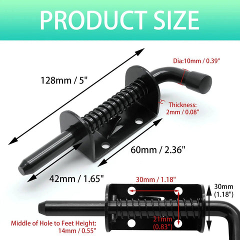 Rock Solid Spring Loaded Gate Latch Pin Pair Premium Stainless Steel Barrel Bolt Door Hardware dimensions with size labels.