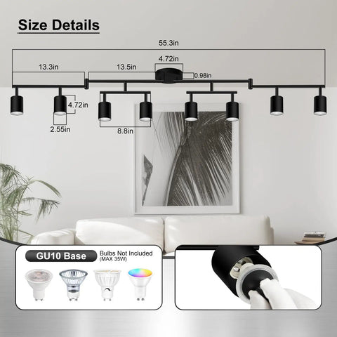 Eight Light Matte Black LED Track Lighting System For Kitchen And Hallway installed showing size details and GU10 base info