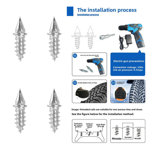 Heavy Duty Tire Studs 6Mm X 27Mm Steel Snow Spikes 100 Pack installation steps with tools for cars and trucks.