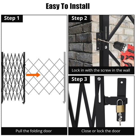 Installation steps for Rock Solid Steel Accordion Security Gate 61 By 71 Inch with smooth swivel casters and tight latch.