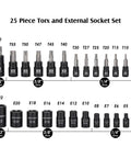 Torx Bit And Socket Set 25 Piece With 13 Star Bits T8 To T60 And 12 E Torx Sockets E4 To E22 Hardcore CRV Steel Drop Forged And Heat Treated