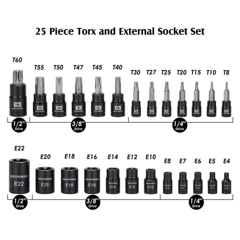 Torx Bit And Socket Set 25 Piece With 13 Star Bits T8 To T60 And 12 E Torx Sockets E4 To E22 Hardcore CRV Steel Drop Forged And Heat Treated