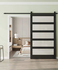 Installed 48 Inch Glass Sliding Barn Door Kit With 8 Ft Track, 5 Panel Frosted Glass, Black Frame, Modern Home Decor View