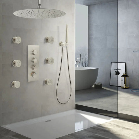 Six Pack Round Brass Shower Body Spray Jets With Brushed Nickel Finish For Spa Like Massage Showerhead Kit Adjustable Up Down Left Right 2 Inch Diameter NPT Half Inch Concealed Install Fits Standard American Plumbing