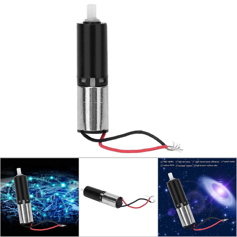 Tiny 6mm Micro Planetary Gear Reducer For DC 3V Motors three-stage, black and silver, wires attached, ideal for small robotics projects.