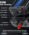 Diagram of 150W power inverter features, including remote port, power switch, dual AC outlets, USB port, and LED display.