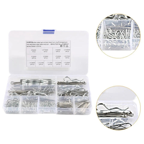 210 Piece Stainless Steel Cotter Pin Kit With Hairpin Pins And R Clips For Automotive, Home, And Industrial Use, Full Range Of Sizes For Quick Fixes, Maintenance, And Heavy Duty Projects. labeled organizer box with assorted cotter pins