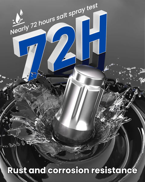 Road Ready Chrome Lug Nuts 60 Degree Conical Seat 12X1.25 Thread shown in a 72-hour salt spray test for rust resistance.