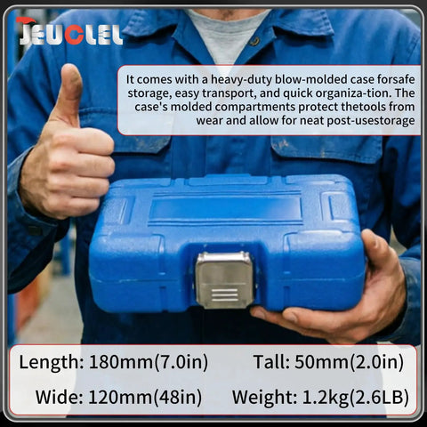 Man holding blue case for Heavy Duty 5-Piece Bolt Extractor Set 1/2 Drive Easy Out Nut And Bolt Remover, featuring secure latch.