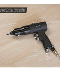 All In One Pneumatic Rivet Gun Kit For Blind Riveting And Rivnut Installation, Heavy Duty Yet Lightweight Aluminum Body, Powers Through M3 To M12 Rivets Like A True Workhorse, Easy Air Tool For Batch Work And Pro Level Riveting, showcasing product details and components like the chrome molybdenum steel mandrel, save rings, and silenced exhaust on a wooden surface.