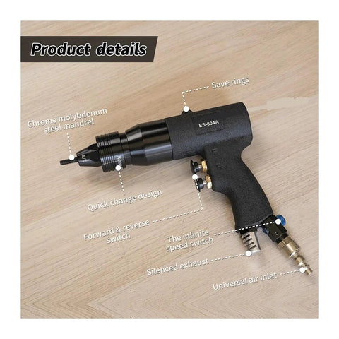 All In One Pneumatic Rivet Gun Kit For Blind Riveting And Rivnut Installation, Heavy Duty Yet Lightweight Aluminum Body, Powers Through M3 To M12 Rivets Like A True Workhorse, Easy Air Tool For Batch Work And Pro Level Riveting, showcasing product details and components like the chrome molybdenum steel mandrel, save rings, and silenced exhaust on a wooden surface.
