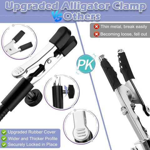 Upgraded alligator clamp from Helping Hands Soldering Station With 10X Rectangular LED Magnifier Lamp And Built In Light Four Magnetic Third Hands Soldering Tools PCB Holder And Solder Magnifier Desk Lamp For Electronics Repair Pro Grade Tiny Parts Work highlighting rubber cover and secure lock features.