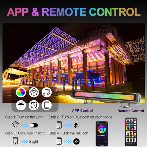 Wash Light Bar 45W RGBW DJ Stage Lights With Smart App Control Waterproof 36 LED Wall Washer Dope illuminating a building at night