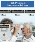 Pro Grade Digital Pupilometer With LED PD Meter, Memory Function, Diopter Compensation, And Interpupillary Distance Tool For Precise Eyewear Fitting Anywhere. PD meter used on elderly man in optical shop