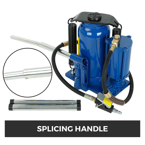 Heavy Duty 20 Ton Pneumatic Air Hydraulic Bottle Jack With Manual Hand Pump For Auto And Truck Repair Lift Blue High Capacity Hydraulic Tool For Home Garage, focus on splicing handle detail.