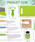 Kinggrand 13-piece Montessori toddler kitchen set with kid-safe knives, peeler, crinkle cutter, green cutting board