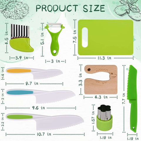 Kinggrand 13-piece Montessori toddler kitchen set with kid-safe knives, peeler, crinkle cutter, green cutting board